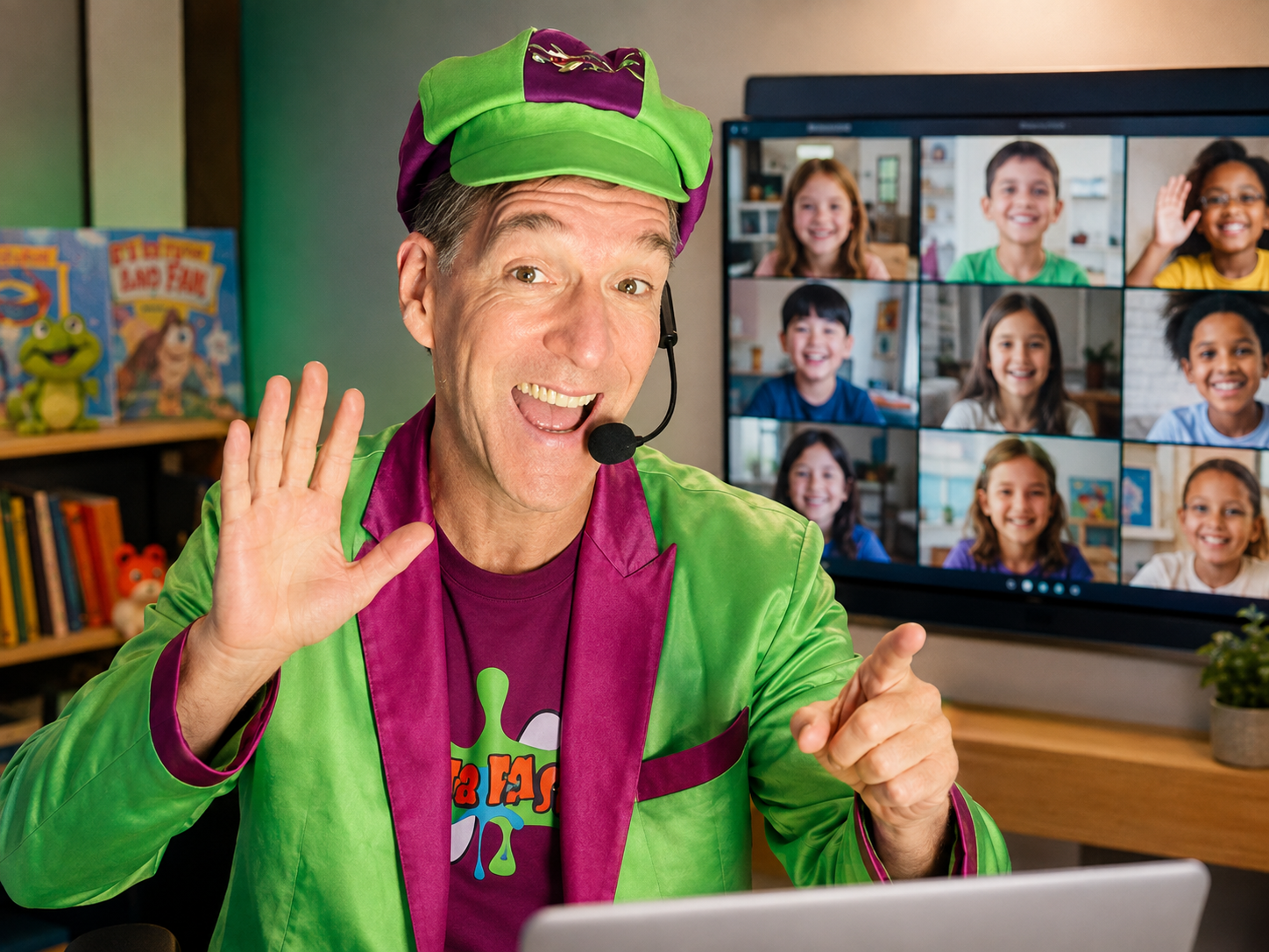 Master Plaster presenting a live virtual visit to a classroom