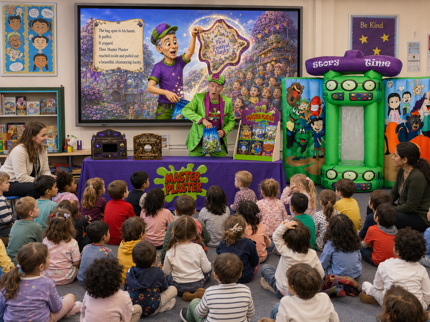 Master Plaster performing an interactive story session for children in a school classroom