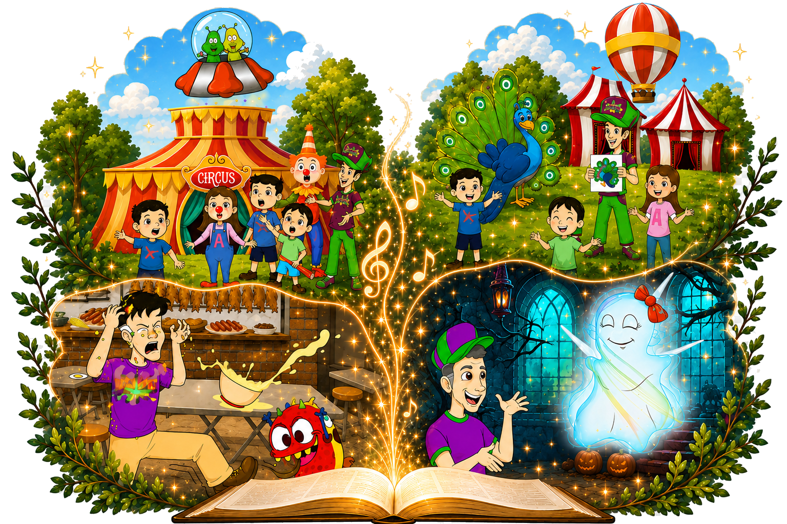 A magical storybook opening into circus, nature, comedy, and friendly ghost adventures