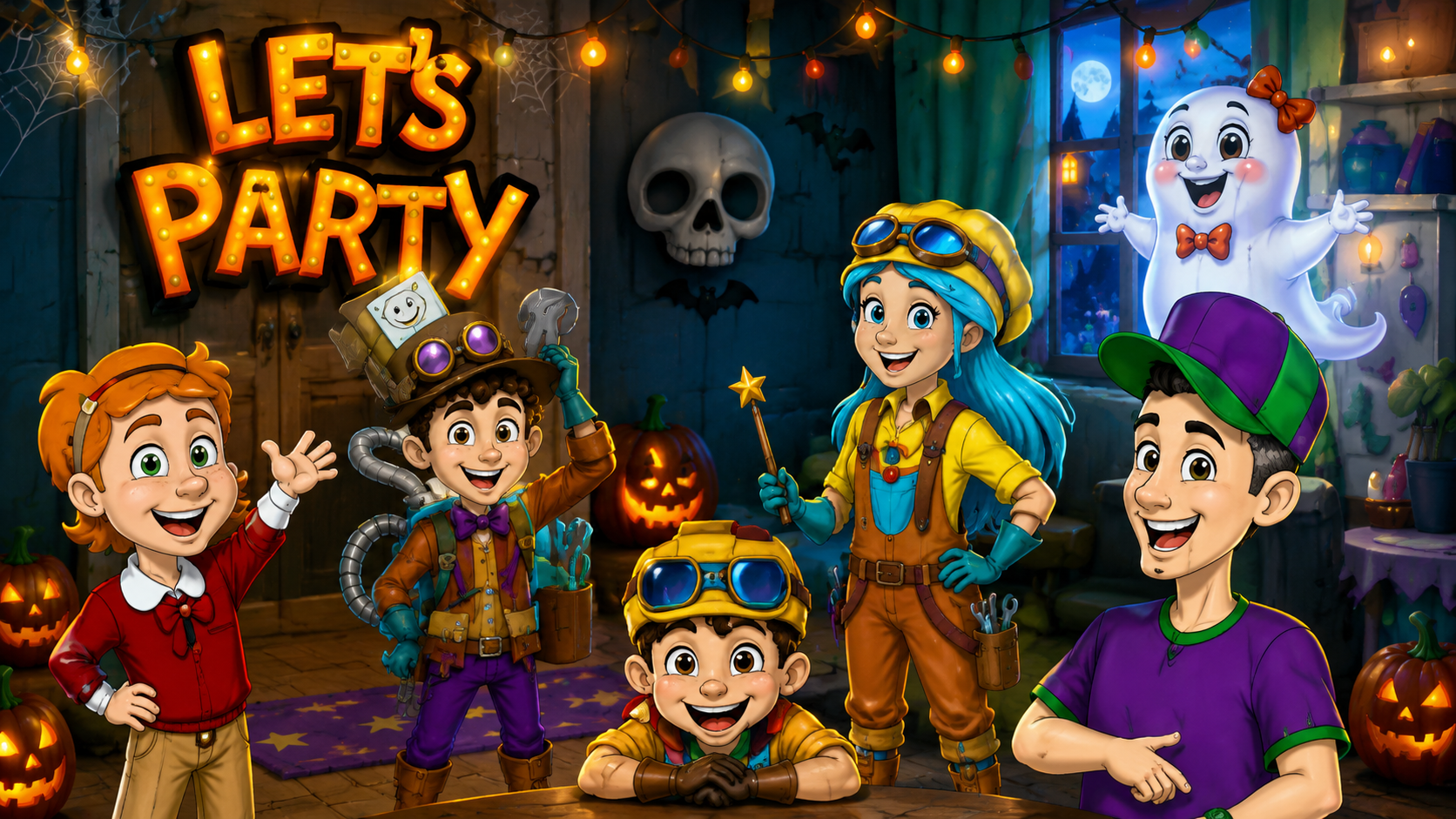 The cast celebrating with Boo Boo in Spooksville