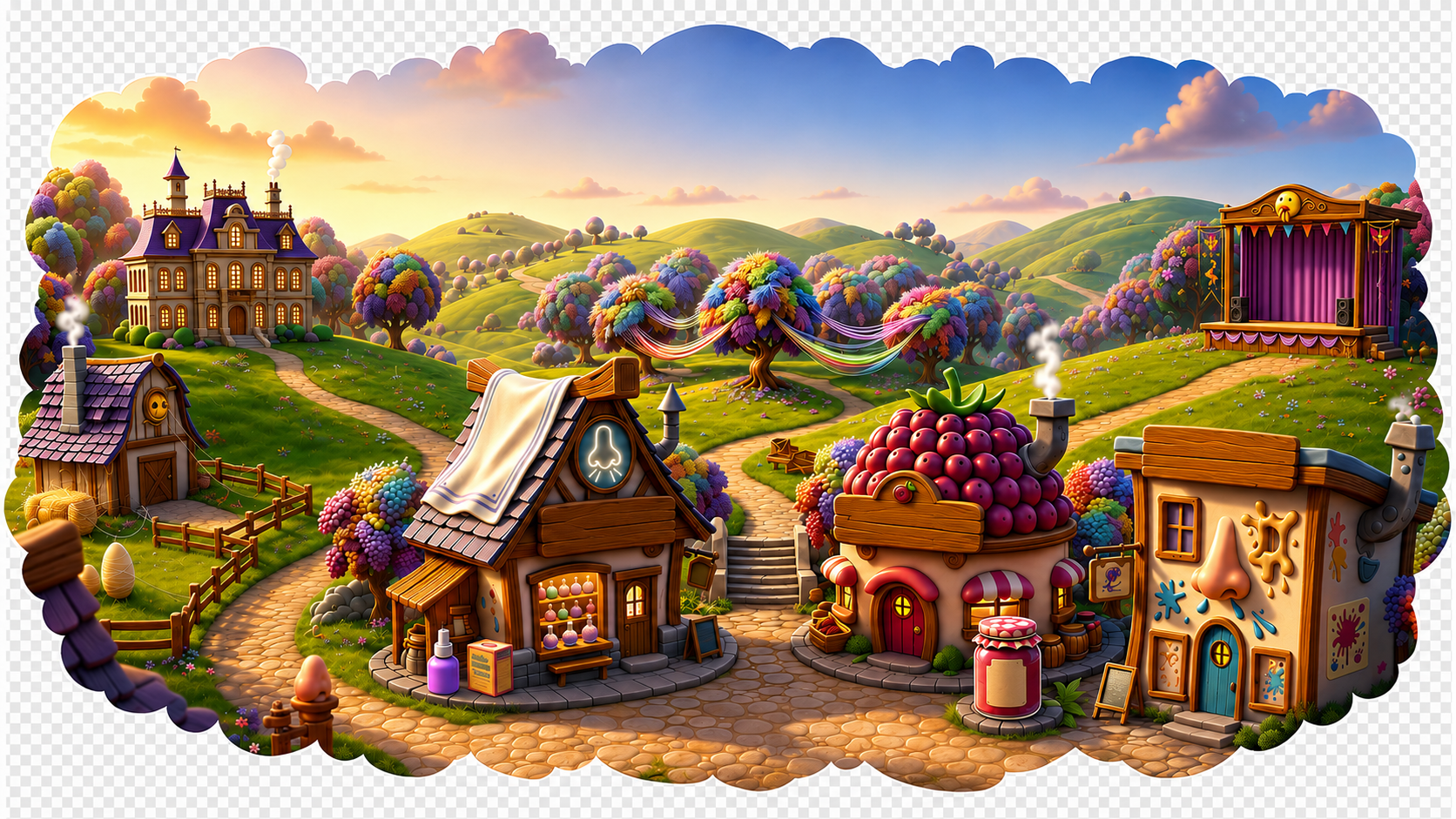 The colorful village of Ticklesville