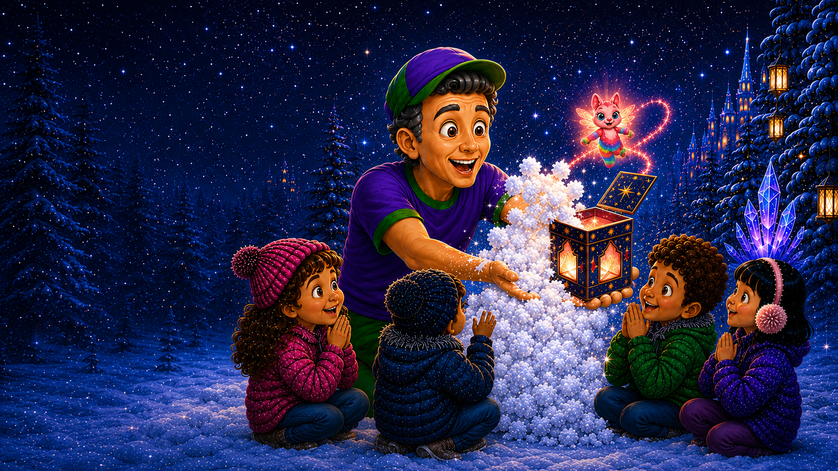 Master Plaster, Little Glow, and four children creating sparkling Santa snow around the Travel Lantern