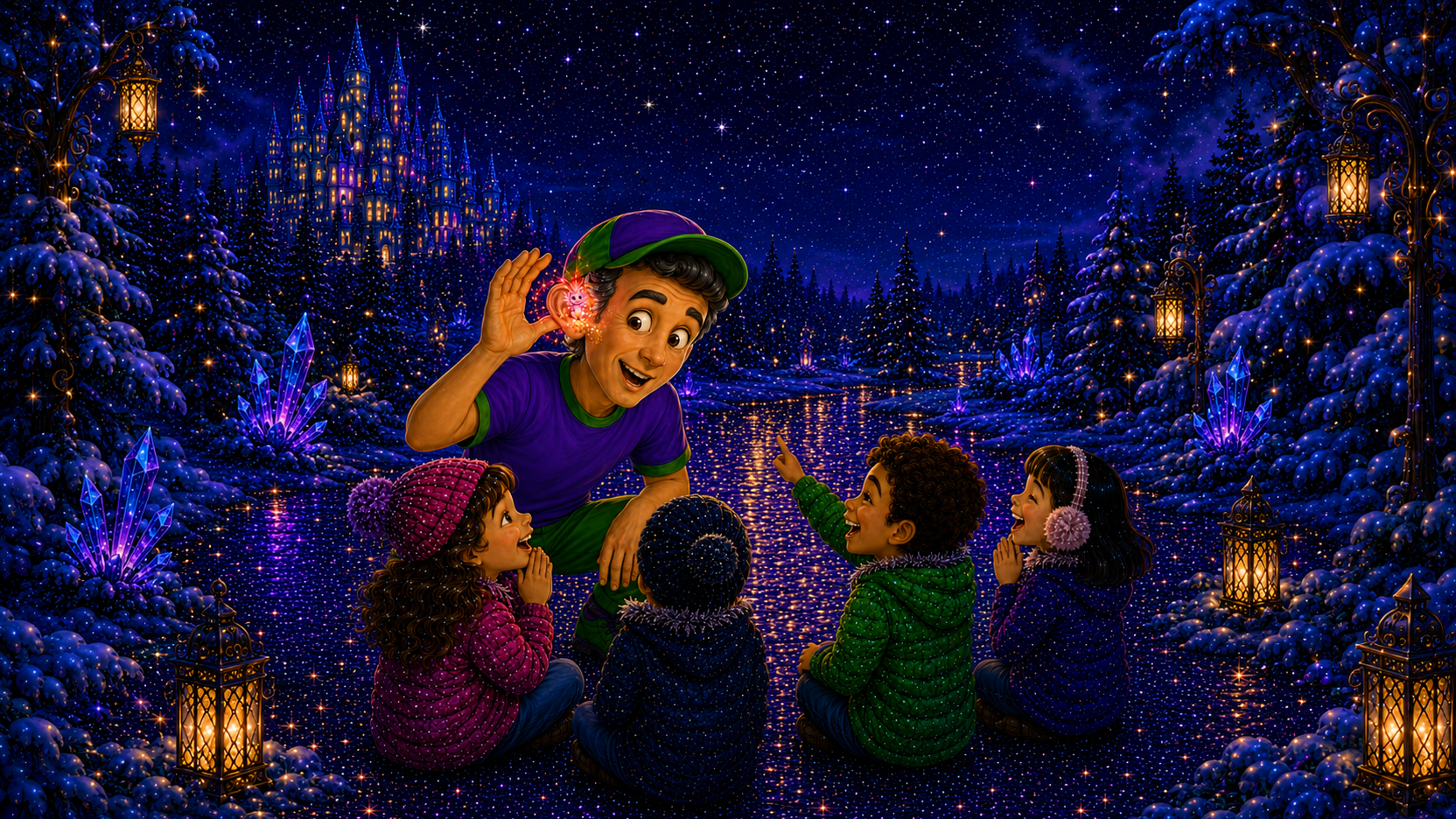 Master Plaster and four children enjoying Little Glow's sparkling winter song